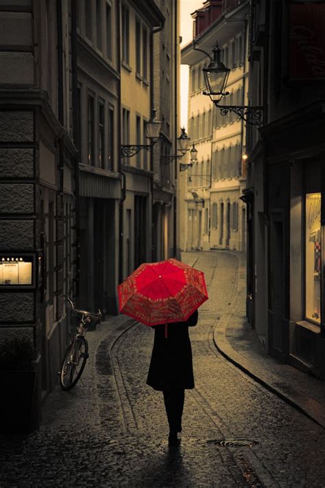 Rainy Day Lucerne Switzerland Rain Art Red Umbrella Framed Art Prints