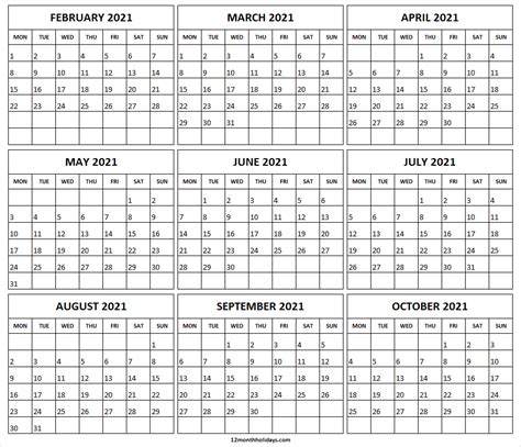 All calendars print in landscape mode (vs. February to October 2021 Printable Calendar | Excel | PDF ...