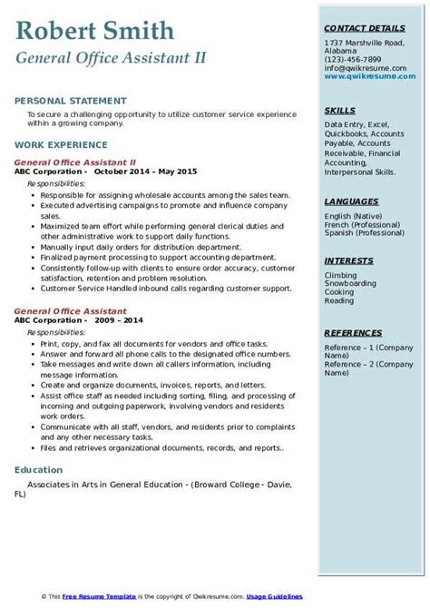Develops direct reports by communicating performance expectations and preparing/conducting timely performance appraisals. General Office Assistant Resume Samples | QwikResume