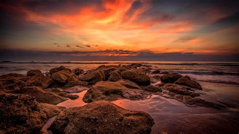 Orange Sunset On The Rocky Shore Nature Scenery Wallpaper Preview