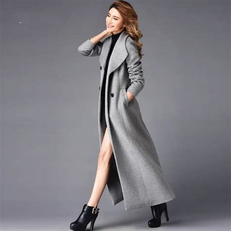 New Arrival Large Lapel Long Wool Coats Womens Elegant Grey Woolen
