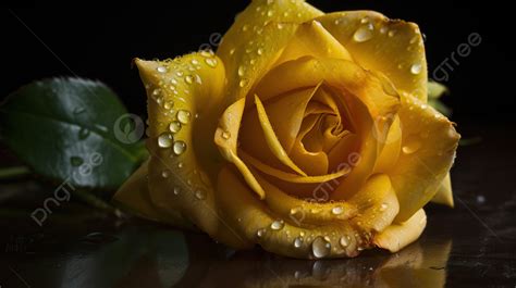 Yellow Rose With Water Droplets Against A Dark Background Yellow Rose