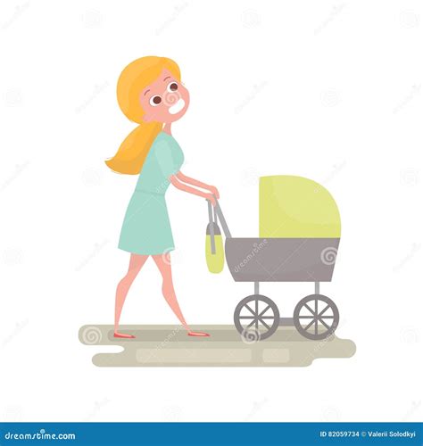 Mom Pushing Her Baby In A Stroller Young Woman With Little Baby On