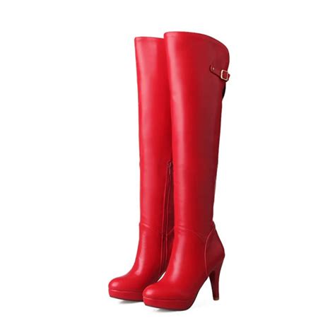 2017 New Elegant Red Sexy High Heels Boots Women Pointed Toe Long Boots Knee Thin High Zipper