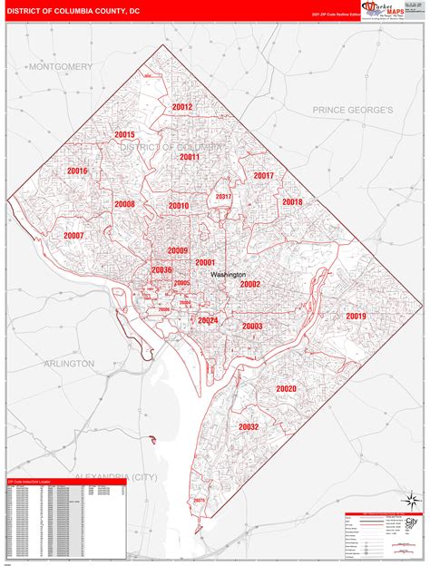 District Of Columbia County Dc Zip Code Wall Map Red Line Style By