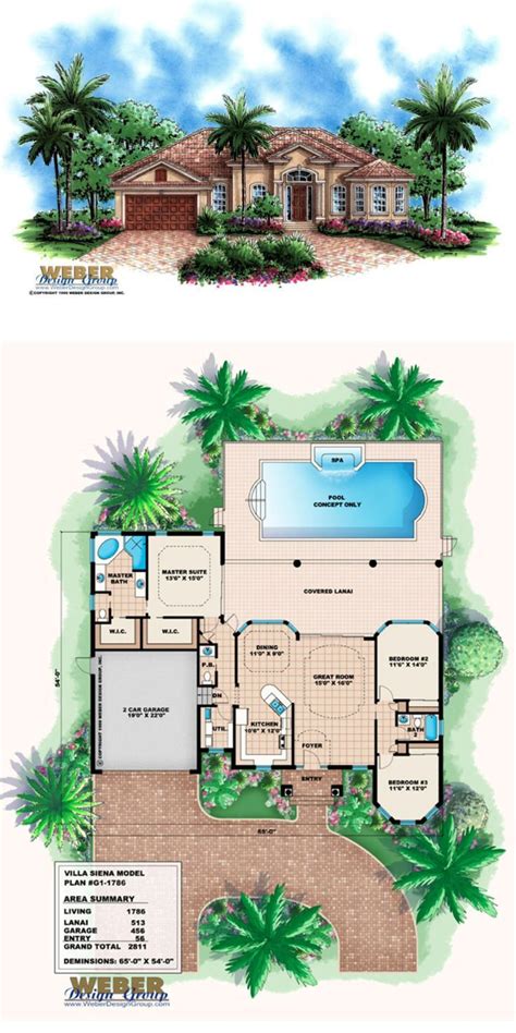 Two Story House Plans With Pool And Palm Trees In The Front And An