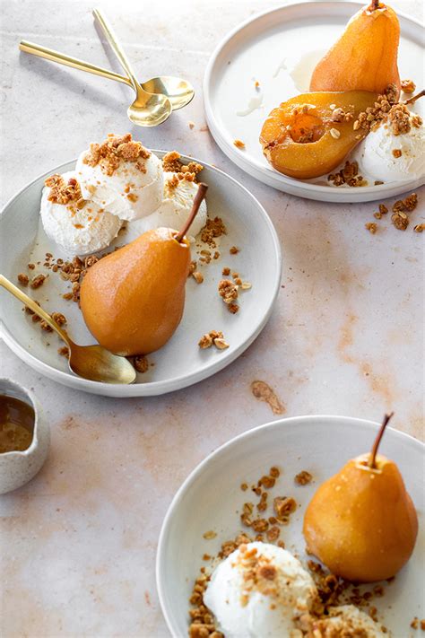 Chai Poached Pears With Spiced Hazelnut Crumble And Caramel Recipe