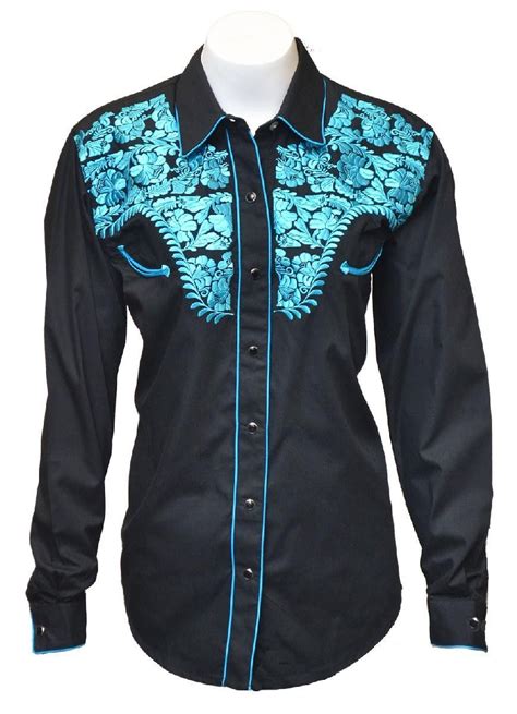 Womens Tooled Black Western Shirts Blue Embroidery Blue Embroidery