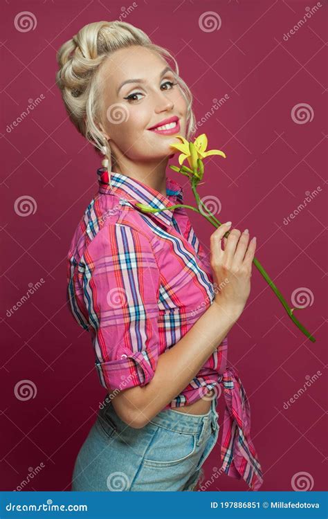 Cheerful Pinup Woman With Makeup And Blonde Hair Stock Image Image Of