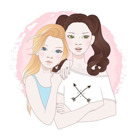 Two Teenage Girls Best Friends Vector Illustration Stock Vector