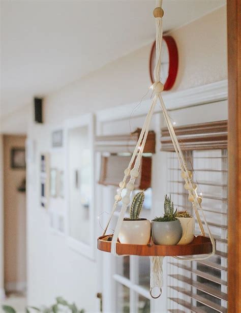 Hanging Plant Holders With Brown Wooden Shelf Hanging Plant Holder