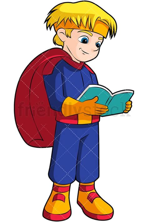 Little Boy Superhero Reading Book Cartoon Vector Clipart Friendlystock
