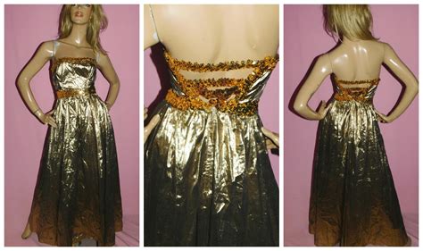 Vintage 80s Gold Metallic Lame Sequinned Gunne Sax Strapless Prom Party Dress 6 8 Xs Glam Disco