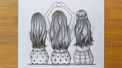 Best Friends Tutorial With Pencil Sketch How To Draw Three Friends Hugging Each Other Youtube