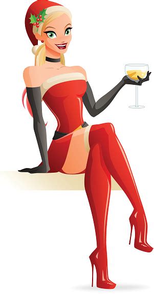 Woman In Christmas Santa Costume Sitting With Champagne