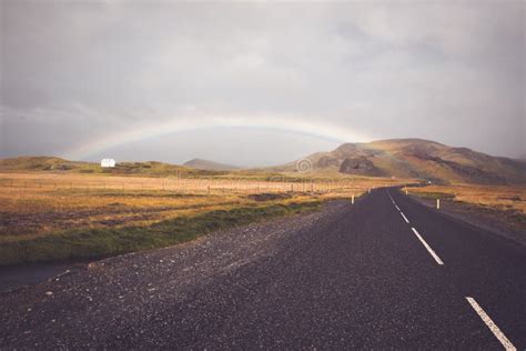 Rainbow And Endless Icelandic Highway Stock Photo Image Of Rural