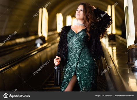 Cropped View Glamour Woman Posing Escalator Bottle Wine Stock Photo By