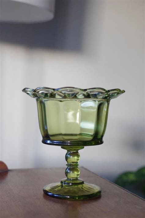 vintage green glass pedestal dish lattice edged compote etsy