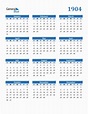 Free 1904 Year Calendar in PDF, Word, and Excel
