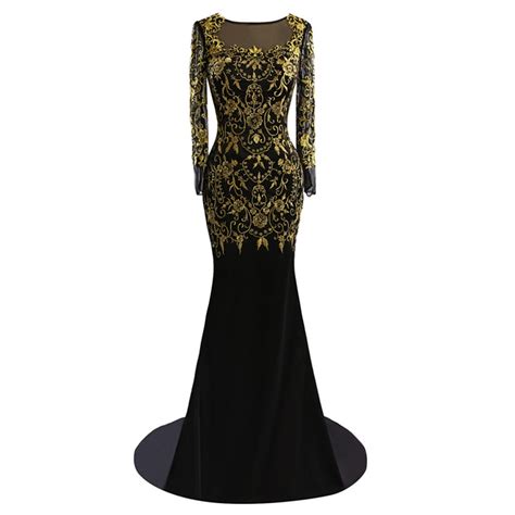 Long Sleeves Black And Gold Prom Evening Dresses Embroidery Mermaid