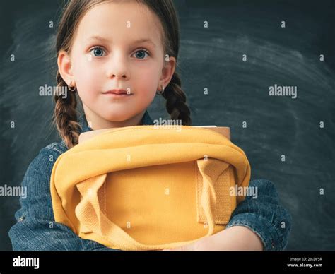 Back To School Curious Girl Backpack Chalkboard Stock Photo Alamy