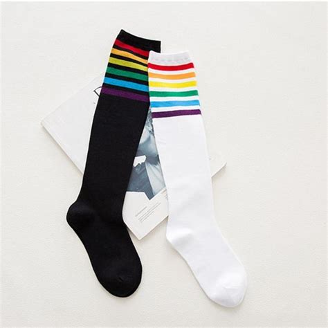 Rainbow Striped Knee Socks Patterned Socks Women White Socks Kawaii Outfit Ideas