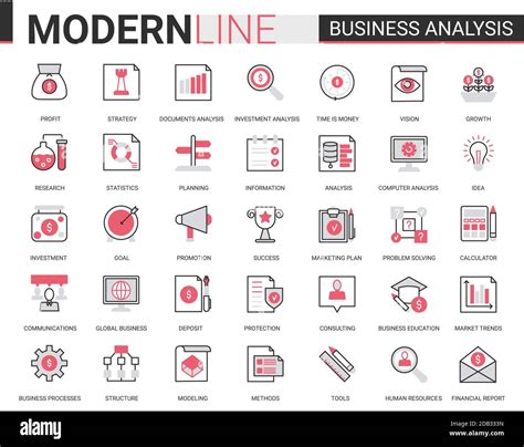 Business Analytics Flat Thin Red Black Line Icons Vector Illustration Set Businessman Analyst