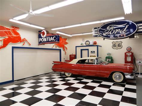 Classic Car And Checkerboard Flooring Garage Floor Classic Car