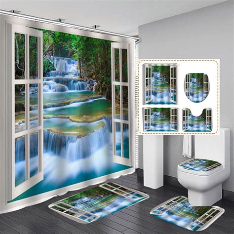 3d Waterfall Scenery Bath Shower Curtains Waterproof Bathroom Set