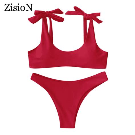 Zision Bow Bikini Set Women Swimsuit Swimwear Sexy Bathing Suit Low Waist Swimming Wear Beach