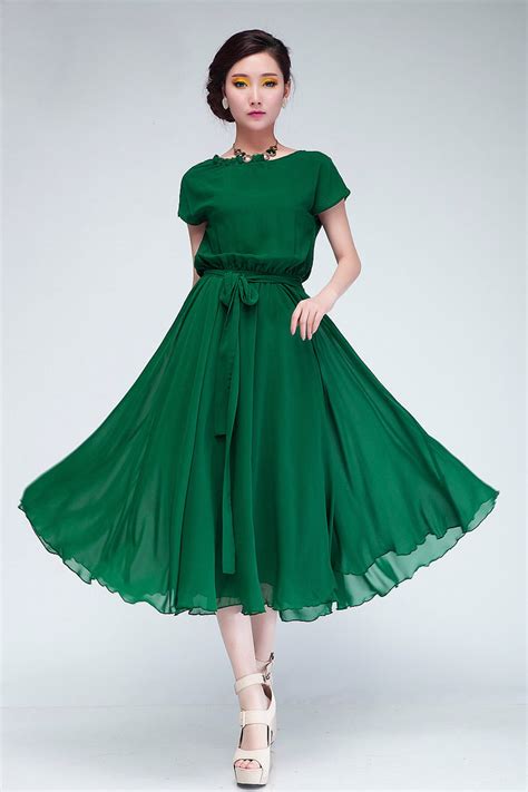 Fashion Pleated O Neck Short Sleeves Green Chiffon Mid Calf Dressdresseslovelywholesale