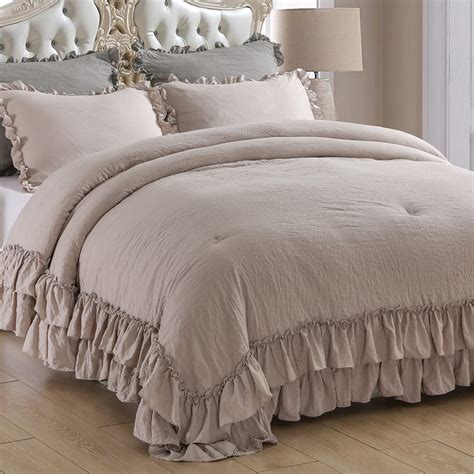 Masaca White Ruffled Comforter Set Queen Lightweight Farmhouse Shabby