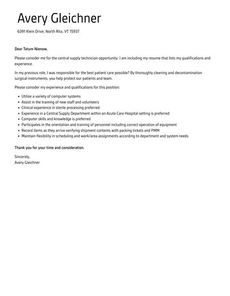 Central Supply Technician Cover Letter | Velvet Jobs