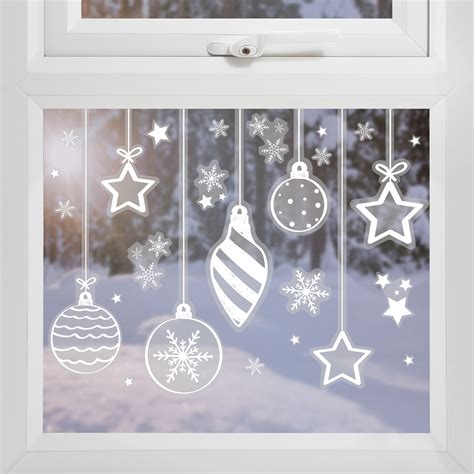 White Bauble Star And Snowflake Christmas Window Stickers Ginger Ray