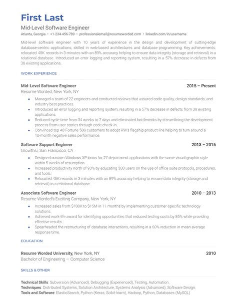 Mid Level Software Engineer Resume Examples For 2024 Resume Worded