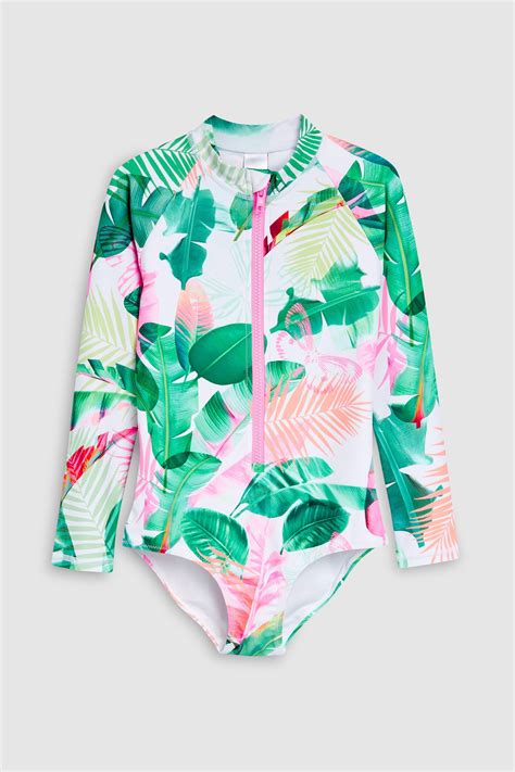 Girls Next Palm Print Long Sleeve Sunsafe Swimsuit 12mths 16yrs Green Long Sleeve Swimsuit