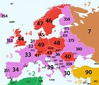 Country calling codes. Regions are colored by first digit. : europe