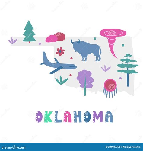 Usa Map Collection State Symbols On Gray State Silhouette Oklahoma