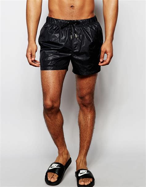 Asos Swim Shorts In Black Wet Look Fabric In Short Length For Men Lyst Uk