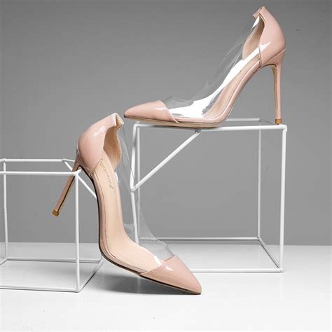 Free Shipping Fashion Women Pumps Nude Patent Leather Clear Pointy Toe
