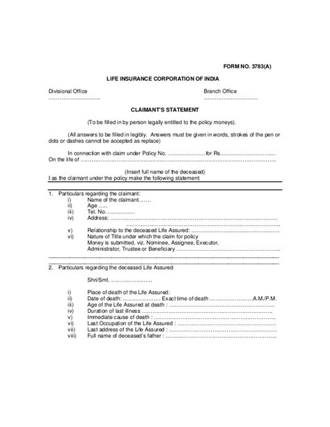Death claim (Form no-3783) a non early