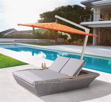 Round chaise beach lounge chair with sun canopy. Evian Double Chaise Lounge with Umbrella Canopy
