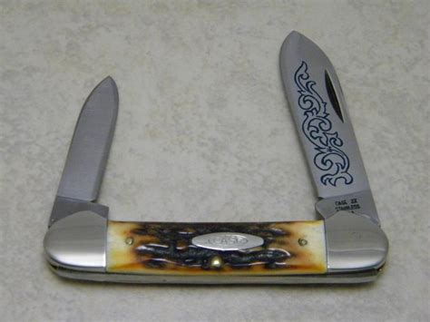 Case XX Stainless USA 3 Dot 1977 Stag 52131 SSP Blue Scroll Canoe Knife