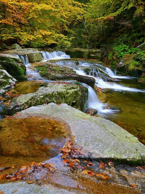 Waterfalls Cascade In Autumn Forest Beautiful Colors Of Nature Stock