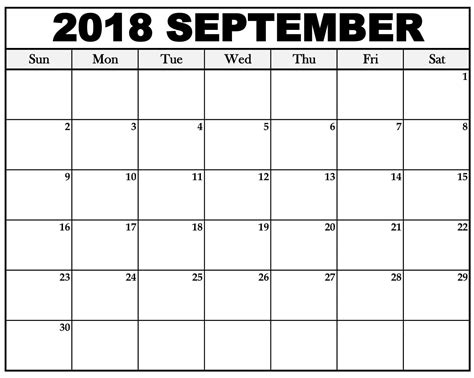 September 2018 Calendar Printable Template | 2018 calendar pdf, September calendar, September ...