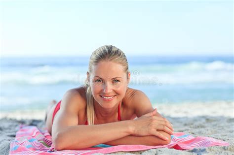 Beautiful Woman Cute Bikini Lying Sand Beach Stock Photos Free