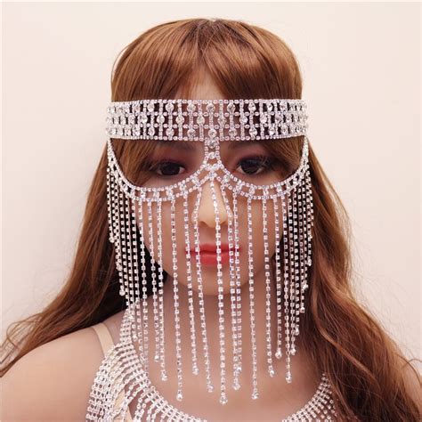 2021 Luxury Full Rhinestone Tassel Mask Masquerade Face Jewelry For