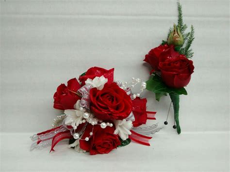 Red Spray Rose Corsage And Boutonniere With Pearl Accents Corsage