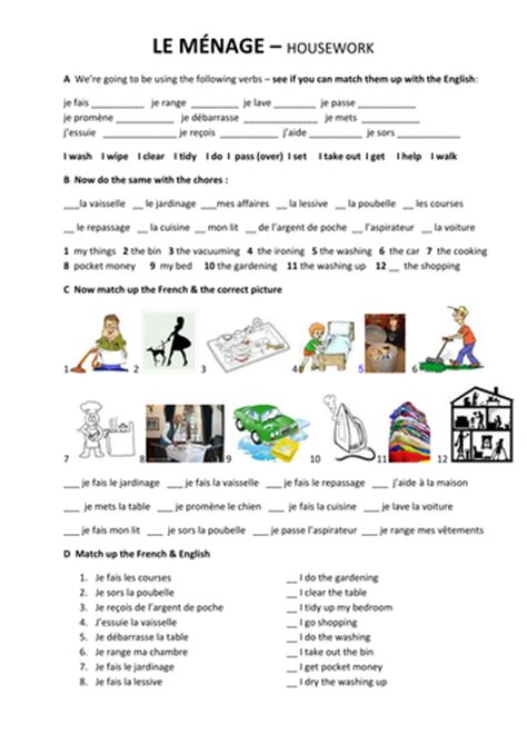 Le Mênage Household Chores In French By Anyholland Teaching