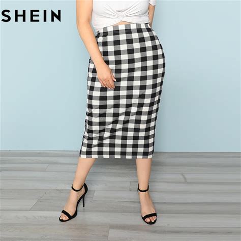 Buy Shein Black And White Plaid Women Plus Size Elegant Pencil Skirt Spring